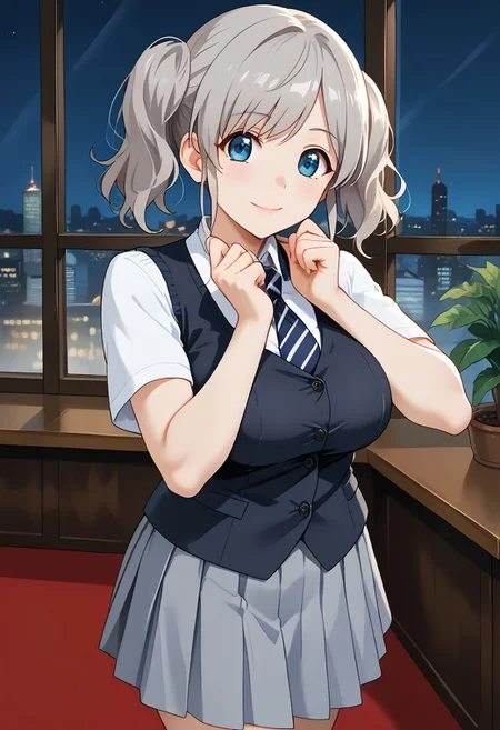 score_9, score_8_up, score_7_up, score_6_up, score_5_up, score_4_up, epic-Ultra-HD-details, epic-Ultra-HD-highlights, 2.5D-upscaled-resolution, source_anime, digital-quality, semi-realism, physically-realistic, lit, cutesie,
afrobullstyle,
BREAK source_anime, anime, best quality, masterpiece, rating_safe, uncensored, High quality, 8k, Ultra,
BREAK (4partment,indoors, window, scenery, cityscape),
BREAK 1girl, akari,grey hair,
ruanyi1014,black jacket,grey skirt,grey vest,pleated skirt,striped necktie,clasp,
BREAK ((cowboy shot)),(standing),(from front),(((from front))),
busty breasts,(((large breasts:1.2))),(thick thighs:1.2),
looking at viewer,smile,erect nipples,
burikko pose, hands up,standing on one leg,smile