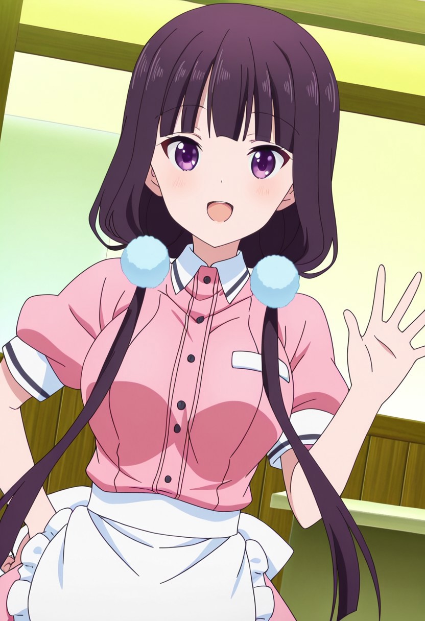 general,highres, ultra-detailed,very aesthetic,best quality ,best hands,best eyes,easynegative,
dynamic angle, dutch angle, anime cloring,anime screencap,
1girl solo,looking at viewer,Cafe,indoors, waving hand, hand on hip, smile, open mouth, 
Maika SAKURANOMIYA,black_hair, long_hair, low twintails, hair bubbles, purple_eyes, large_breasts,pink waitress costumes,