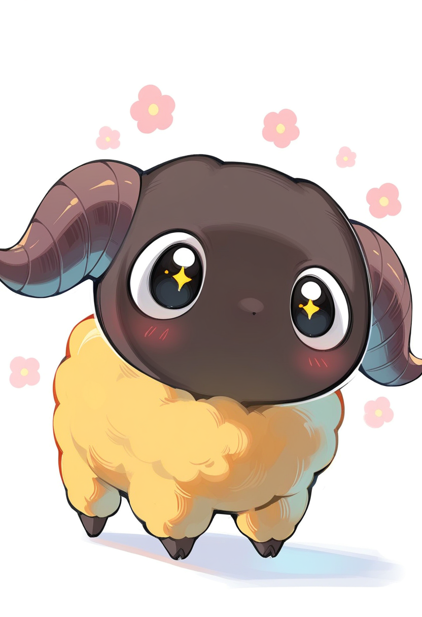 y4n,solo,simple background,white background,full body,goat horns,no humans,fluffy,yellow wool,pose,+_+,blush,flower background,looking at viewer<lora:yan:1>  very awa, masterpiece, best quality, amazing quality, very aesthetic, absurdres, sensitive, newest <lora:spo_sdxl_10ep_4k-data_lora_webui:0.7>,