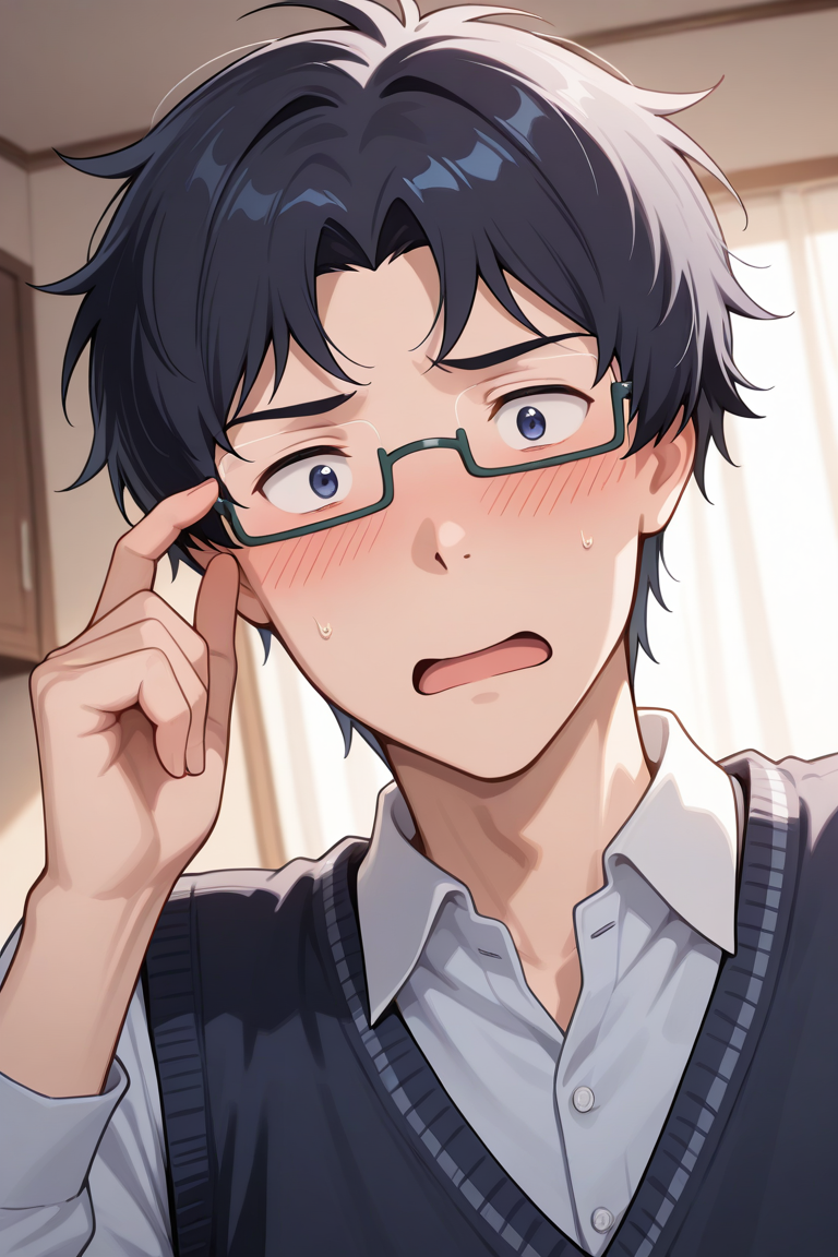 masterpiece, absurdres, newest, perfect quality, best quality, absolutely eye-catching, amazing quality, very aesthetic, high resolution, ultra-detailed, 1boy, male focus, solo, joe_kido_tri, dark blue hair, dark blue eyes, glasses, under-rim eyewear, collared shirt, sweater vest, looking at viewer, flustered, open mouth, adjusting eyewear, indoors, detailed background, volumetric lighting, vibrant colors, close-up