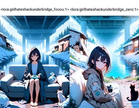 masterpiece, high score, great score, absurdres, shack under bridge, deep shadow, 1girl, sitting on sofa, blanket, open jacket, torn clothes, oversized clothes, cat, box, fog, city, tree, rock, weeds, ruins, river, water, building, scenery, outdoors, trash bag, snow, snowing, upper body, (((incoming gift))),<lora:girlhateshackunderbridge_fooou:1>