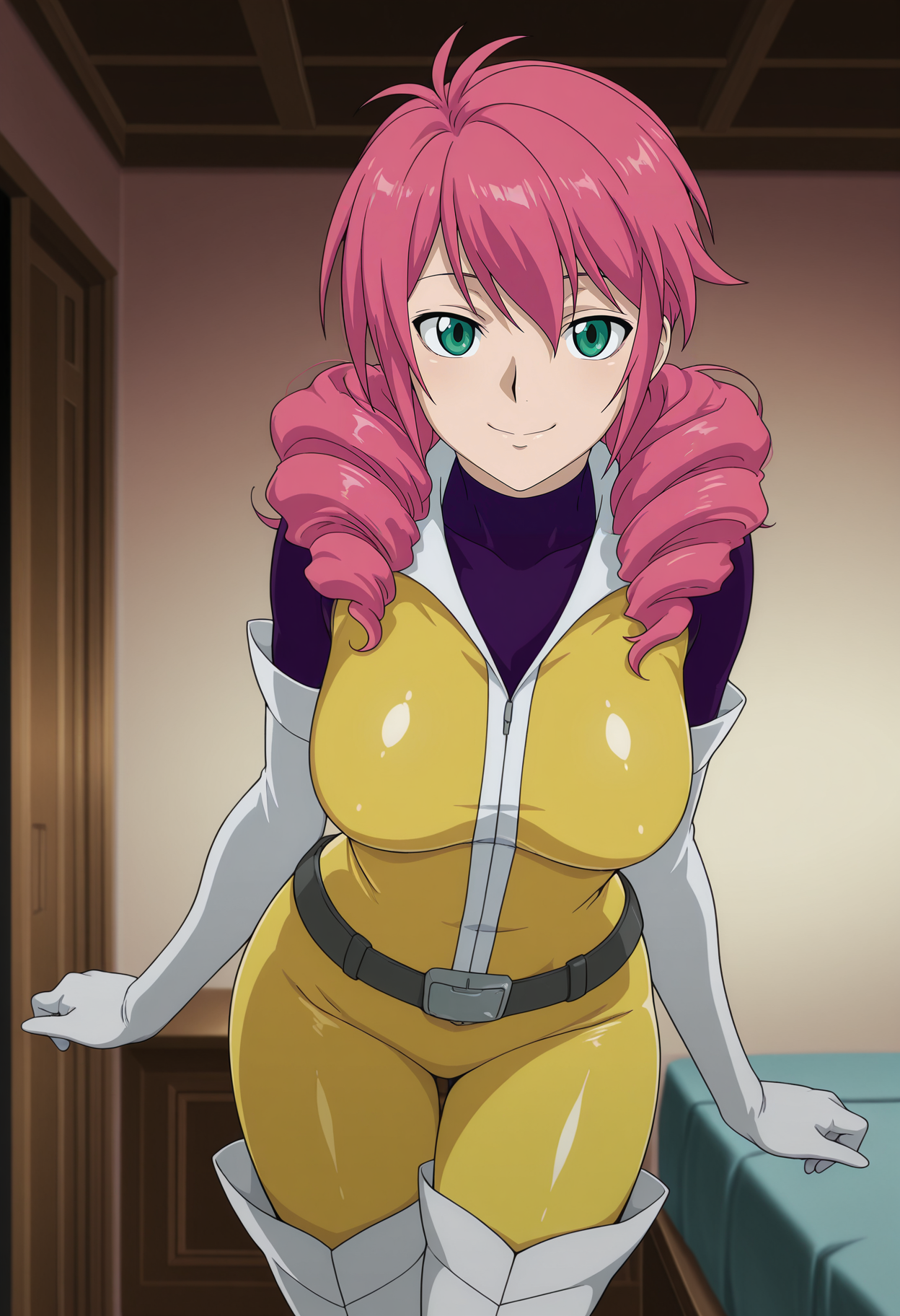 1girl,solo,mm,mature female,pink hair,twintails,long hair,green eyes,drill hair,anime coloring,
bodysuit,yellow bodysuit,elbow gloves,belt,thigh boots,looking at viewer, smile,indoors
,masterpiece,best quality,amazing quality,<lora:Feldt_Grace-Gundam_00_Season1:0.8>