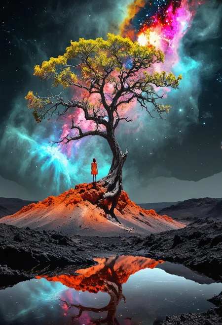 Photograph of a lone female, her clothing reflecting the nebulae and distant galaxies, on the edge of a crater on a desolate moon. A lone tree, a bright splash of color against the gray landscape, grows from a crack in the rock, Art by Karel Thole, Close-up, Over-detailed, Intricate details,
Masterpiece, vibrant colors, very detailed, midjourneyv6.1, Light Painting, artchlr