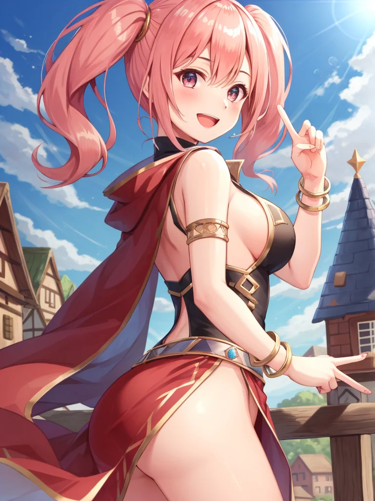 <lora:Mae_FE-10:0.4>, mae fe, 1girl, solo, long hair, looking at viewer, smile, open mouth, large breasts, dress, twintails, jewelry, ass, :d, cape, bracelet, v, sideboob, armlet, dancer, (town scenery)