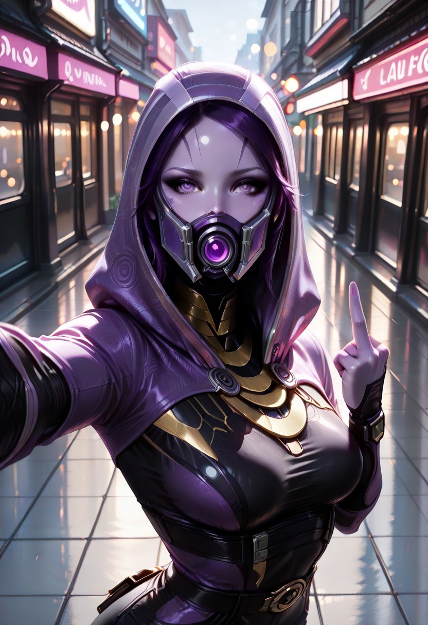masterpiece, best quality, amazing quality, dynamic view, looking_at_viewer, 1girl, 
masterpiece, best quality, bokeh, luminescent background,
(  talizorah,, 
quarian, purple skin, purple eyes, purple hair, short hair, purple lips, medium breasts,,
 bodysuit,black bodysuit,  purple bodysuit, hood, hood up, helmet, mask, see-through mask, purple visor,  boots, glowes, belt, )
outdoors, storefront, selfie, outstretched arm, taking picture, reaching towards viewer, upper body, looking at viewer, middle finger