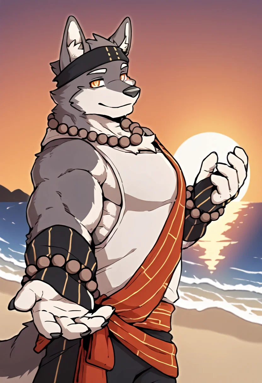 solo, full body,
triratna(threefold recital), muscular,
black scarf, white vest, red sash, black wristband, yellow belt, black pants, prayer beads necklace, prayer beads bracele, red stirrup socks,
outtdoor, detailed background,

