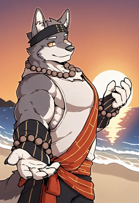 solo, full body,
triratna(threefold recital), muscular,
black scarf, white vest, red sash, black wristband, yellow belt, black pants, prayer beads necklace, prayer beads bracele, red stirrup socks,
outtdoor, detailed background,

