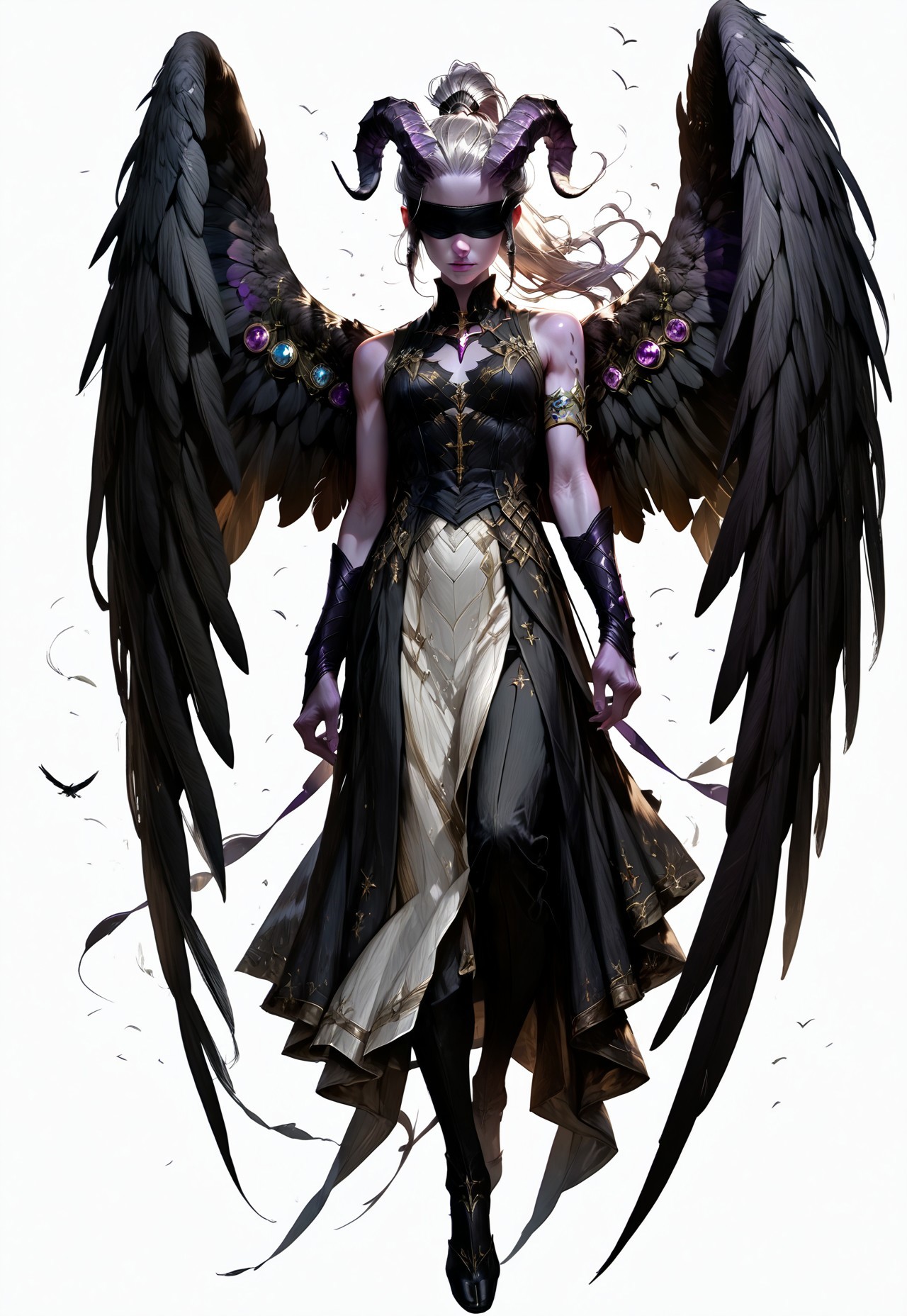 (absurdres, best quality, masterpiece:1.4), 
score_9, score_8_up, score_7_up, score_6_up, 
detailed, 
detailed body, 
detailed face, 
(((smooth skin, unbroken skin, detailed skin))), 
fantasy, 
alone, 

female, 
tiefling, 
h0rns, 
ram horns, 
black horns, 
tall, 
((((purple skin)))), 
((long grey hair, ponytail)), 
(((wingsd, black wings))),

floating, flying, wings open, 

(white robe, sleeveless, 
blindfold, black cloth blindfold), 

(((white background, plain background))), 
full body, 
front view, 
