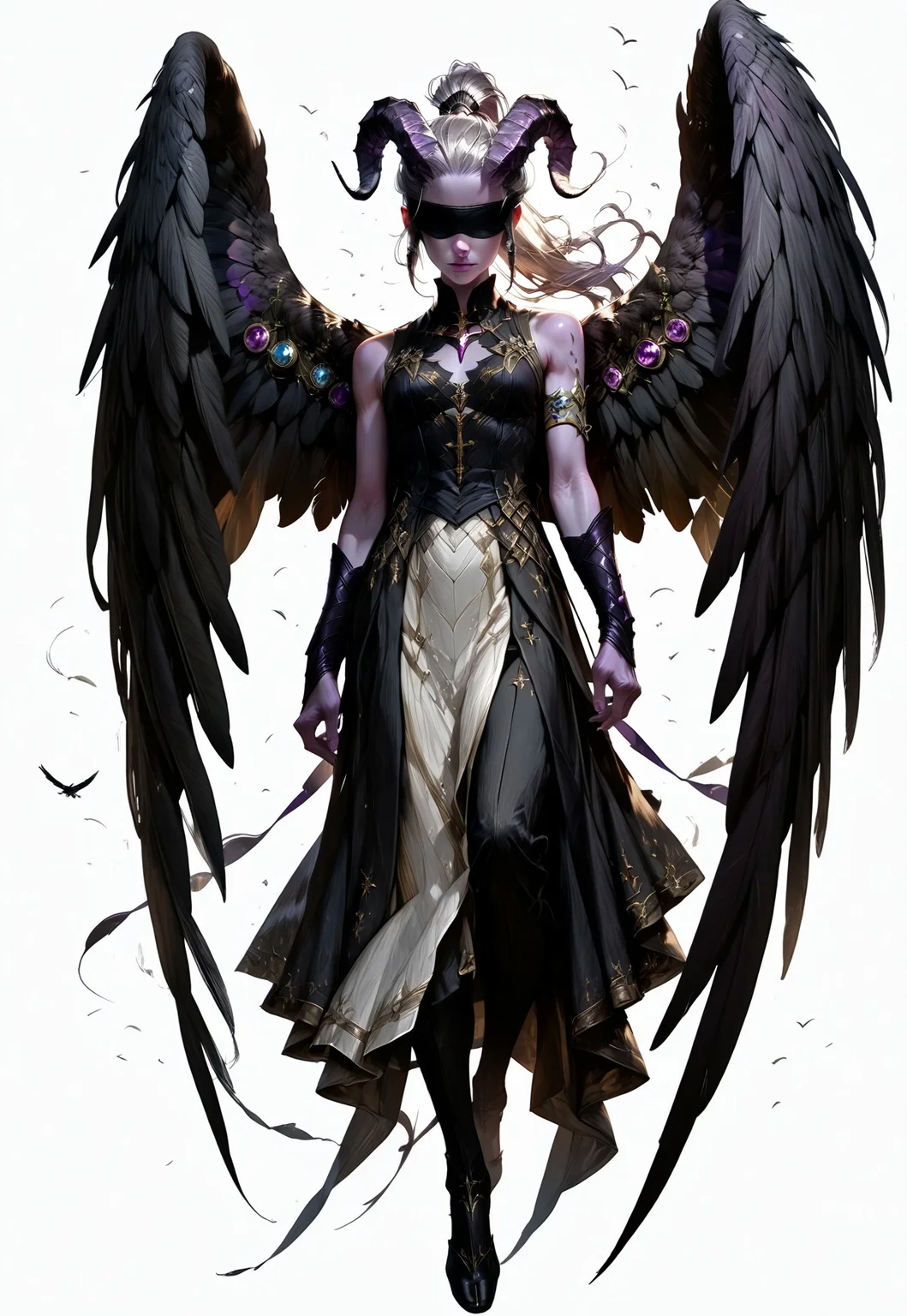 (absurdres, best quality, masterpiece:1.4),
score_9, score_8_up, score_7_up, score_6_up,
detailed,
detailed body,
detailed face,
(((smooth skin, unbroken skin, detailed skin))),
fantasy,
alone,
female,
tiefling,
h0rns,
ram horns,
black horns,
tall,
((((purple skin)))),
((long grey hair, ponytail)),
(((wingsd, black wings))),
floating, flying, wings open,
(white robe, sleeveless,
blindfold, black cloth blindfold),
(((white background, plain background))),
full body,
front view,