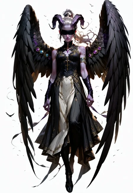 (absurdres, best quality, masterpiece:1.4),
score_9, score_8_up, score_7_up, score_6_up,
detailed,
detailed body,
detailed face,
(((smooth skin, unbroken skin, detailed skin))),
fantasy,
alone,
female,
tiefling,
h0rns,
ram horns,
black horns,
tall,
((((purple skin)))),
((long grey hair, ponytail)),
(((wingsd, black wings))),
floating, flying, wings open,
(white robe, sleeveless,
blindfold, black cloth blindfold),
(((white background, plain background))),
full body,
front view,