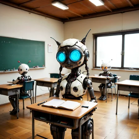 evi@decrepPunk, 8 robots, classroom full of robots, no humans, many robots in classroom
