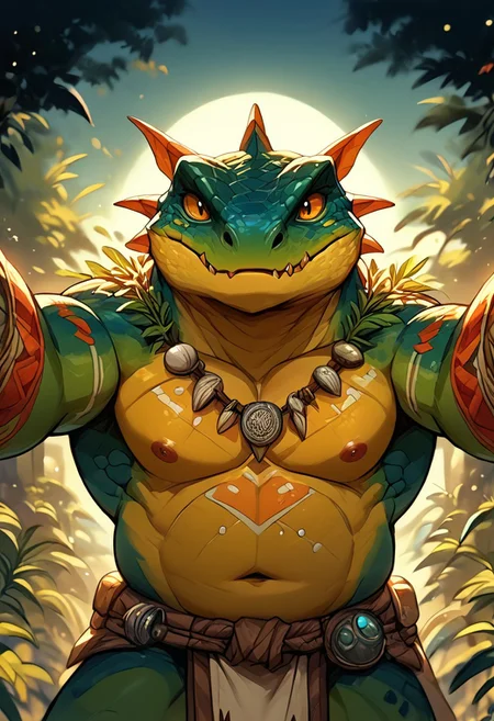 score_9, score_8_up, score_7_up, male, lizardfolk, glistening skin, tribal, markings, musclegut, pov, (kabedonpov, facegrabpov:1.3), upper body, standing, outdoors, black background