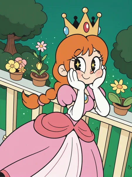 RetroXL, toon \(style\), flat color, black eyes,
1girl lay on balcony, princess pink dress, elbow gloves, crown, single braid, long skirt, medium breasts, looking at viewer, dynamic angle, cowboy shot, cute, hands on face, hand on own cheek, cute pose, smile, blush, wide shot, sparkling eyes, magic vibes, bangs, floating hair, from above, vegetation, flowers, magic particles,
 <lora:RetroToonXL_Style-10-IL:1>