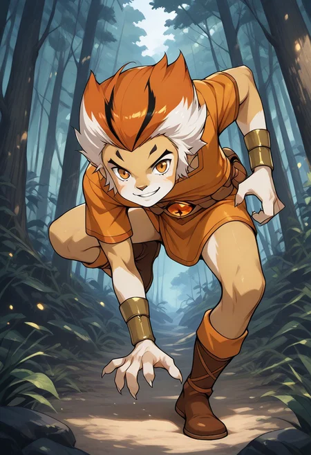 masterpiece, best quality, newest, 1boy , cute boy, male focus, solo, bare shoulders, Wilykat, Two Toned Hair, White Hair, Orange Hair, Black Streaks in Hair, Amber Eyes, Feline Eyes, Two Toned Skin, Two Toned Tunic, Brown Tunic, Orange Tunic, Metal Bracers, Belt, Pouches, Brown Boots, smile, feet to viewer, jump, forest