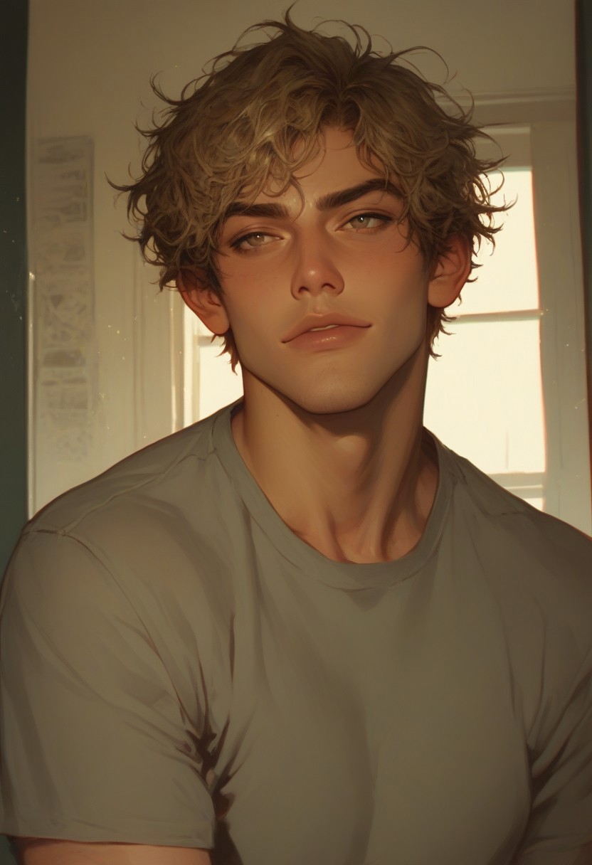score_9, score_8_up, score_7_up, 1boy, man, adult, tan skin, olive skin, blonde hair, hazel eyes, short hair, messy hair, solo, face focus, PRSNL4 Style, very aesthetic, digital drawing, soft light, detailed background, college campus, looking to the side, handsome, t-shirt, athletic build, stubble, light body hair, jock, confident smirk, sinfully stylish, dramatic lighting, long shadows, Semi-realism, morimee_style