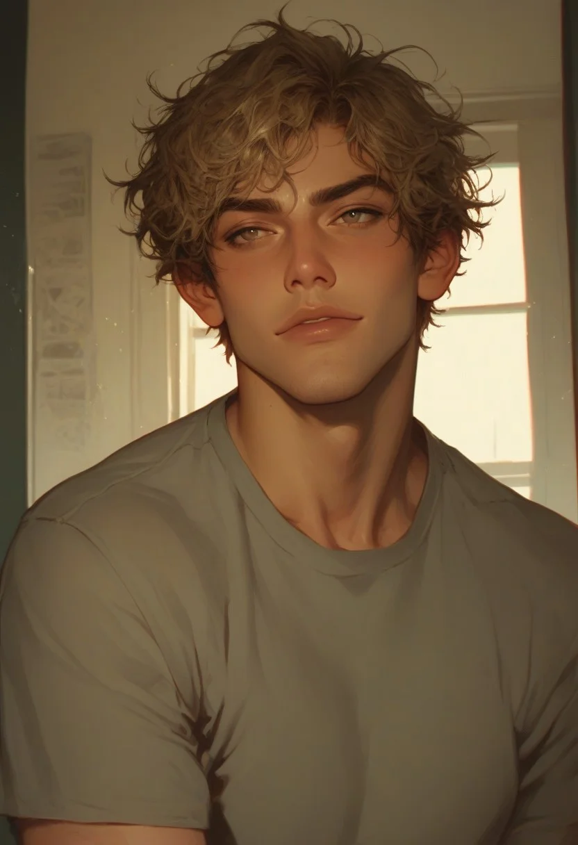 score_9, score_8_up, score_7_up, 1boy, man, adult, tan skin, olive skin, blonde hair, hazel eyes, short hair, messy hair, solo, face focus, PRSNL4 Style, very aesthetic, digital drawing, soft light, detailed background, college campus, looking to the side, handsome, t-shirt, athletic build, stubble, light body hair, jock, confident smirk, sinfully stylish, dramatic lighting, long shadows, Semi-realism, morimee_style