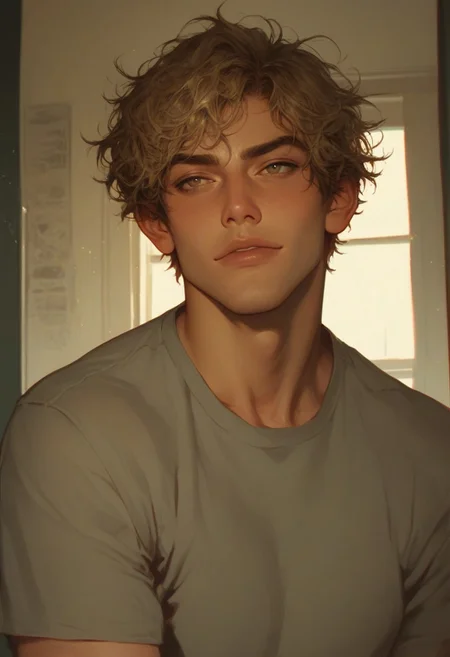 score_9, score_8_up, score_7_up, 1boy, man, adult, tan skin, olive skin, blonde hair, hazel eyes, short hair, messy hair, solo, face focus, PRSNL4 Style, very aesthetic, digital drawing, soft light, detailed background, college campus, looking to the side, handsome, t-shirt, athletic build, stubble, light body hair, jock, confident smirk, sinfully stylish, dramatic lighting, long shadows, Semi-realism, morimee_style