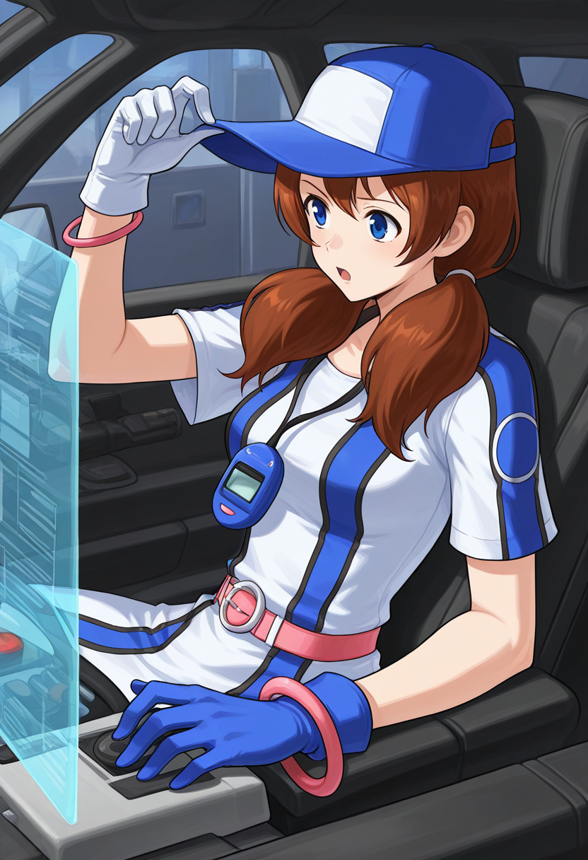 masterpiece, best quality, ultra-detailed, absurdres, newest, 1girl, solo, aingbc, brown hair, long hair, low twintails, blue eyes, baseball cap, multicolored dress, short sleeves, neo geo pocket color necklace, blue gloves, white gloves, bracelet, cockpit, steering wheel, hologram screen, driving, open mouth, straight on,