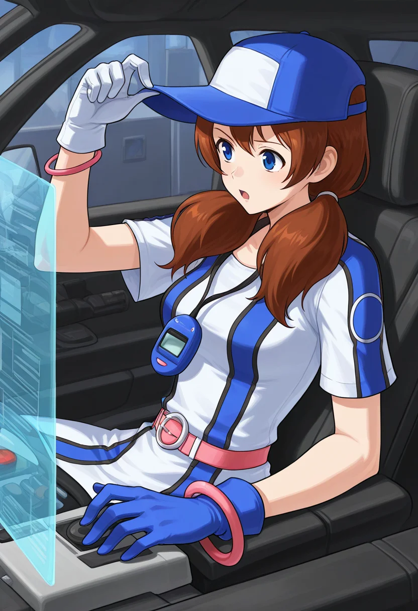 masterpiece, best quality, ultra-detailed, absurdres, newest, 1girl, solo, aingbc, brown hair, long hair, low twintails, blue eyes, baseball cap, multicolored dress, short sleeves, neo geo pocket color necklace, blue gloves, white gloves, bracelet, cockpit, steering wheel, hologram screen, driving, open mouth, straight on,
