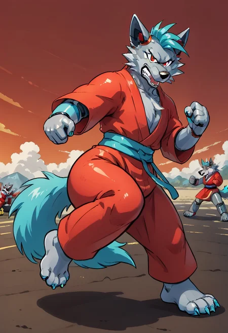 (((Barefoot furry character, full body, cinematic setting, furry male, plantigrade))) 
(((Gilliam))), wolf boy, ((red kimono and pants, training kung-fu on outdoors training ground, fighting stance, dynamic pose, perform side kick)), nice feet paws, three toes, claws, pawpad, determined look
BREAK
(((gilliam wolf, evil eye, sharp, tire body, red fluff tail, cyan hair, robot, wolf, metallic))), (((kicking, kicking at viewer, stands on one feet)))
BREAK, intricate details, highly detailed, extreme detail, octane render, fine art, best quality, highres, (detailed face:1.5), ((full_body)), UHD, (((perfect hands))), low light