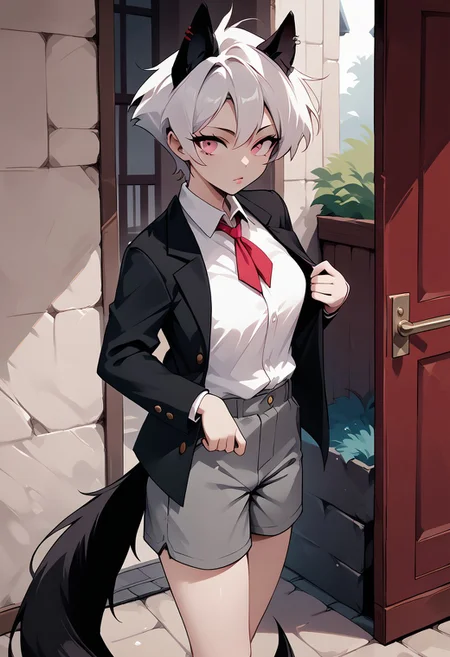 score_9, score_8_up, score_7_up, score_6_up, c1ca,1girl,adult,bare_legs, impossible_clothes, body_silhouette, adjusting clothes, eye_contact, perfect_breasts, lips parted, slim, short hair, pink eyes, white hair, animal ears, red piercing, black wolf tail,ruanyi1043, white shirt, red tie, grey shorts, fishnets, standing, cute_expression, outdoors,porch,doorway,