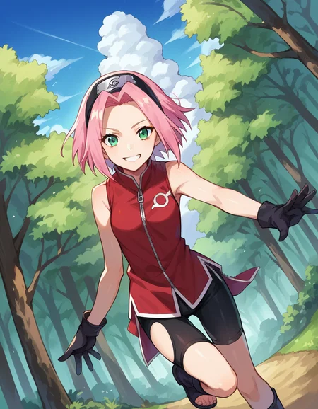score_9, score_8_up, score_7_up, source_anime,
sakuraharuno, <lora:sakura-haruno-ponyxl-lora-nochekaiser:1>,
sakura haruno, short hair, green eyes, pink hair, parted bangs, hairband, forehead protector, smile,
gloves, green eyes, sleeveless, black gloves, red shirt, zipper, forehead protector, konohagakure symbol, boots, bike shorts, zipper, toeless footwear,
outdoors, forest, nature, sky, sun, clouds,
looking at viewer, cowboy shot, dutch angle, dynamic pose,