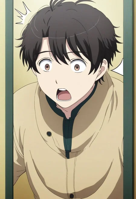 high resolution, solo, best quality, 1Boy, Inaho Kaizuka, Black Hair, surprised, peeking out, OverallDetail