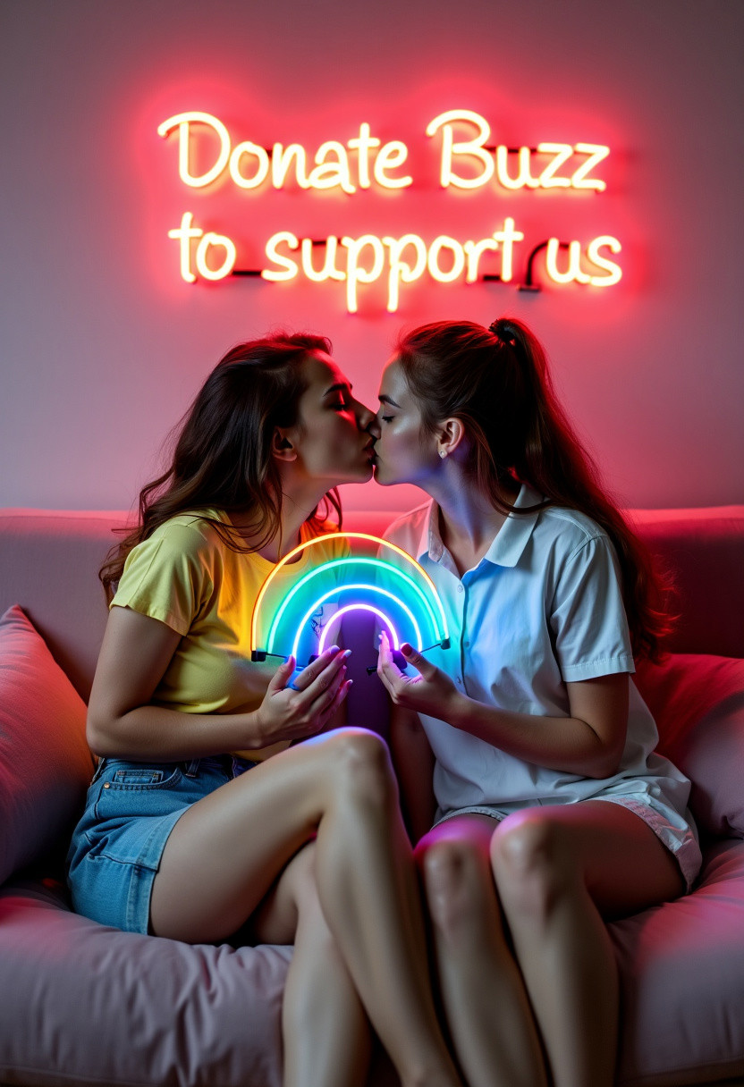 Two girls sitting on a couch next to each other, kissing,  holding a rainbow neon sign with the words "Donate Buzz to support us",