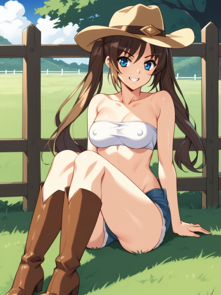 score_9, score_8_up, score_7_up, score_6_up, BREAK masterpiece, perfect face, perfect hands, high quality, source_cartoon, BREAK (1girl, solo,) <lora:Renka_Misaki_-_Akiba_Girls:1> renka, long hair, brown hair, twintails, blue eyes, bandeau, denim short shorts, cowboy hat, cowboy boots, covered nipples, smirk, outdoors, green field, barn, wood fence,