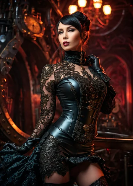masterpiece, best quality, dark environment, (steampunk:1.5), a woman, (colored latex with lace), turtleneck, burlesque, sexy, full body, 8K, extremely detailed, decorated clothing, dragon, bloodwave, dynamic, great lighting, perfect shading, depth of field, soft side light, very detailed glowing background, <lora:MS_Aika_Yumeno_V2_SDXL:0.8>, <lora:add-detail-xl:0.8>