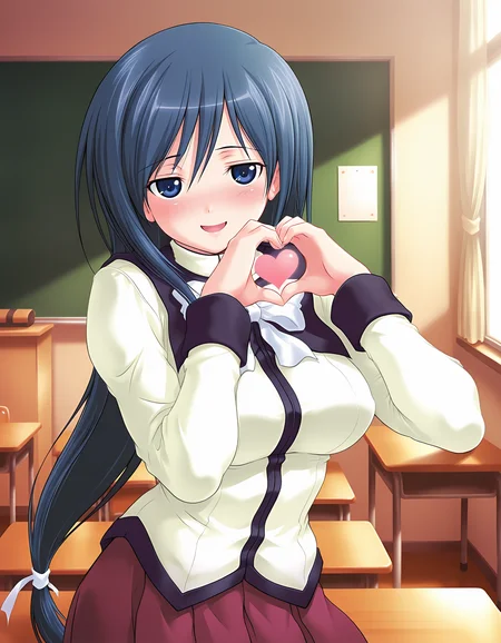 masterpiece, best quality, amazing quality, official art, ultra highres, very aesthetic, intricate,
1girl,inoue_shizuka, long hair, blue hair, blue eyes,
school uniform, bow, long sleeves, skirt BREAK
blush, shy smile, open mouth, looking at viewer,
standing, pinup, heart hands,
in classroom, sharp focus, depth of field, highly detailed,
detailed skin
<lora:inoue shizuka v1.0-000014:1>