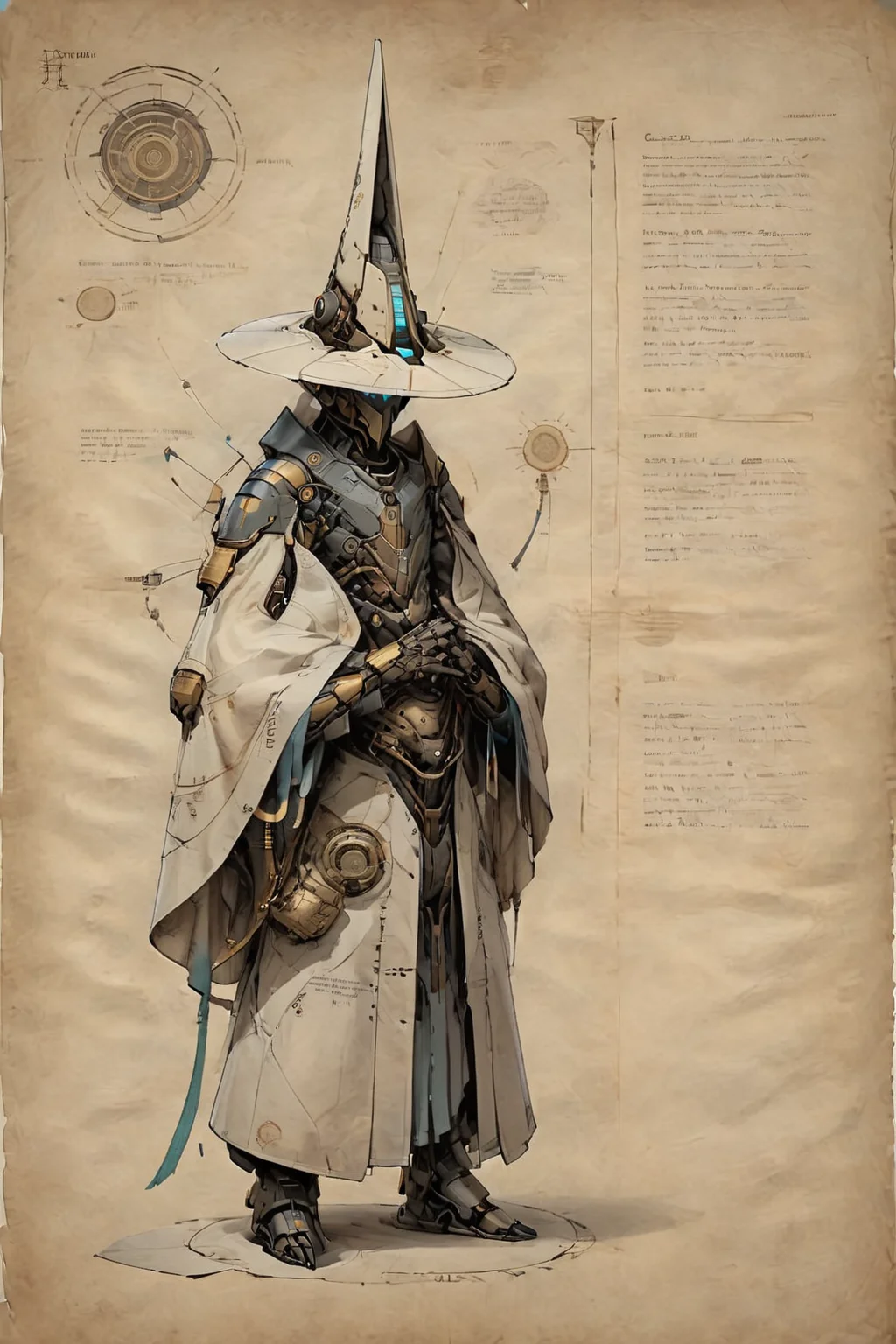 <lora:ParchartXL-2.0:1>,ON PARCHMENT,ink on parchment,
Character Design Sheet,a Celestial judging robot drawn on parchment,robotic hat,robe,detailed text annotation,detailed description of each part of the character,<lora:Celestial Judge Robot XL:0.9>, Celestial judge robot,