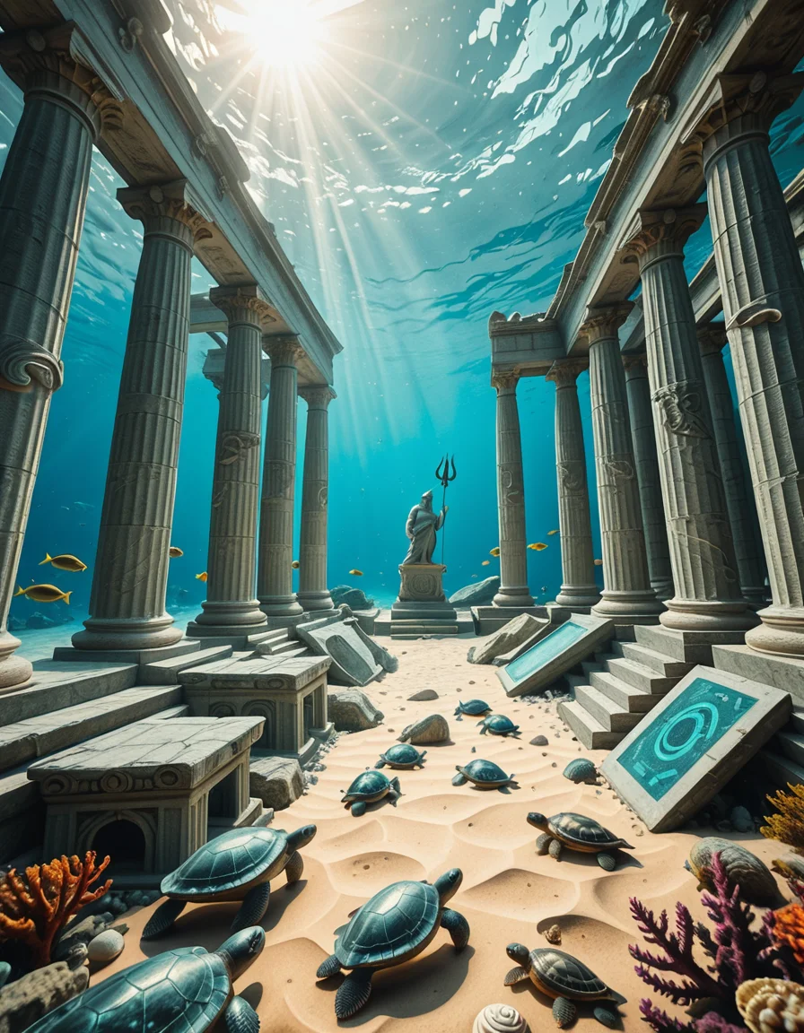 An ancient underwater Temple of Poseidon, partially buried in sand and coral at the bottom of the Aegean Sea. Massive marble columns, some broken, others still standing, encrusted with seashells and marine life. Soft sunlight filtering through the ocean surface above, casting shimmering rays over the temple ruins. Colorful fish and sea turtles swimming peacefully around. The atmosphere is mystical and serene, with a bluish-green hue dominating the scene. A statue of Poseidon with a trident stands at the center of the temple, covered in algae and marine growth. Realistic style, high detail, cinematic lighting, wide-angle view.
<lora:SDXLFaeTastic2400:0.4> <lora:extremely_detailed:0.4> extremely detailed,underwater Temple of P0s31d0n, <lora:underwater_Temple_of_P0s31d0n-i:1>, Masterpiece,best quality,hi res,8k,hi res,8k,award winning,(sharp focus, intricate, highly detailed),