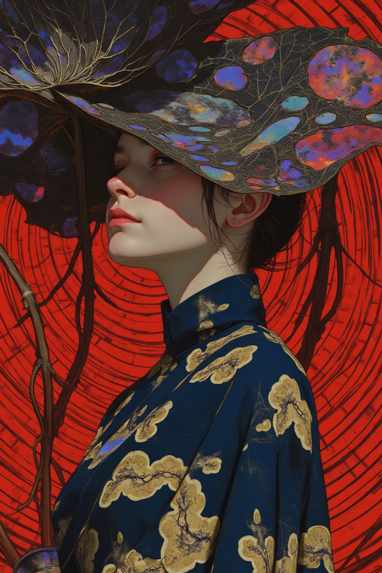 Illustration by Frank Frazetta, drkfnts style, spectral glow, chromatic grain, By Donna Young, j_art—A hyper-realistic close-up portrait of a woman of East Asian descent, her porcelain skin radiating a spectral glow that highlights the delicate grace of her features. She wears an elaborate headdress woven from intricate Bamboo leaves, seamlessly interlaced with luminous petals that emit a soft, ethereal light. Dominating the composition is an immense Giant Rhubarb leaf, its surface adorned with mesmerizing Chinese cloud patterns, each swirl glowing in iridescent hues of blue, purple, and gold. These illuminated motifs create a dynamic interplay of depth and contrast against the rich crimson backdrop. The background is layered with an optical illusion of black-and-white linear designs, flowing seamlessly like ripples in space, their hypnotic movement blending with the organic glow of her headdress. The fusion of surrealism and tradition evokes a timeless, otherworldly elegance, rendered in an ultra-detailed, dramatic style that bridges fantasy and realism.