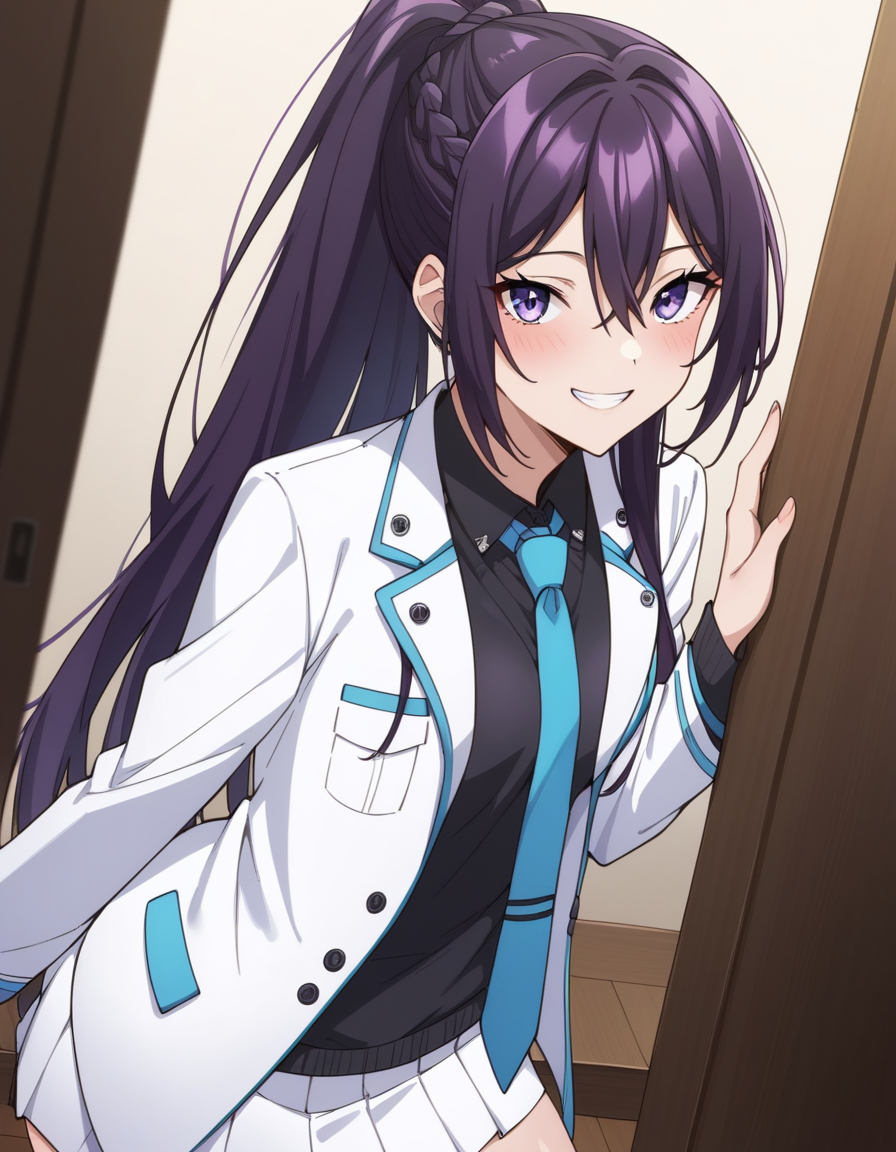 score_9, score_8_up, score_7_up, source_anime, uncensored, <lora:StS_detail_slider_v1:3>, zPDXLxxx, <lora:Rin_Kanzaki_PONYXL_VexVexX:1>, RinKanzaki, 1girl, purple eyes, purple hair, ponytail, long hair, braid, bangs, hair between eyes, bangs, medium-small breasts, school uniform, white jacket, white skirt, black shirt, blue necktie, cowboy shot, bedroom, from front, Squat with a stability ball against a wall, rolling the ball up and down as you squat, thighs, looking at viewer, smile,