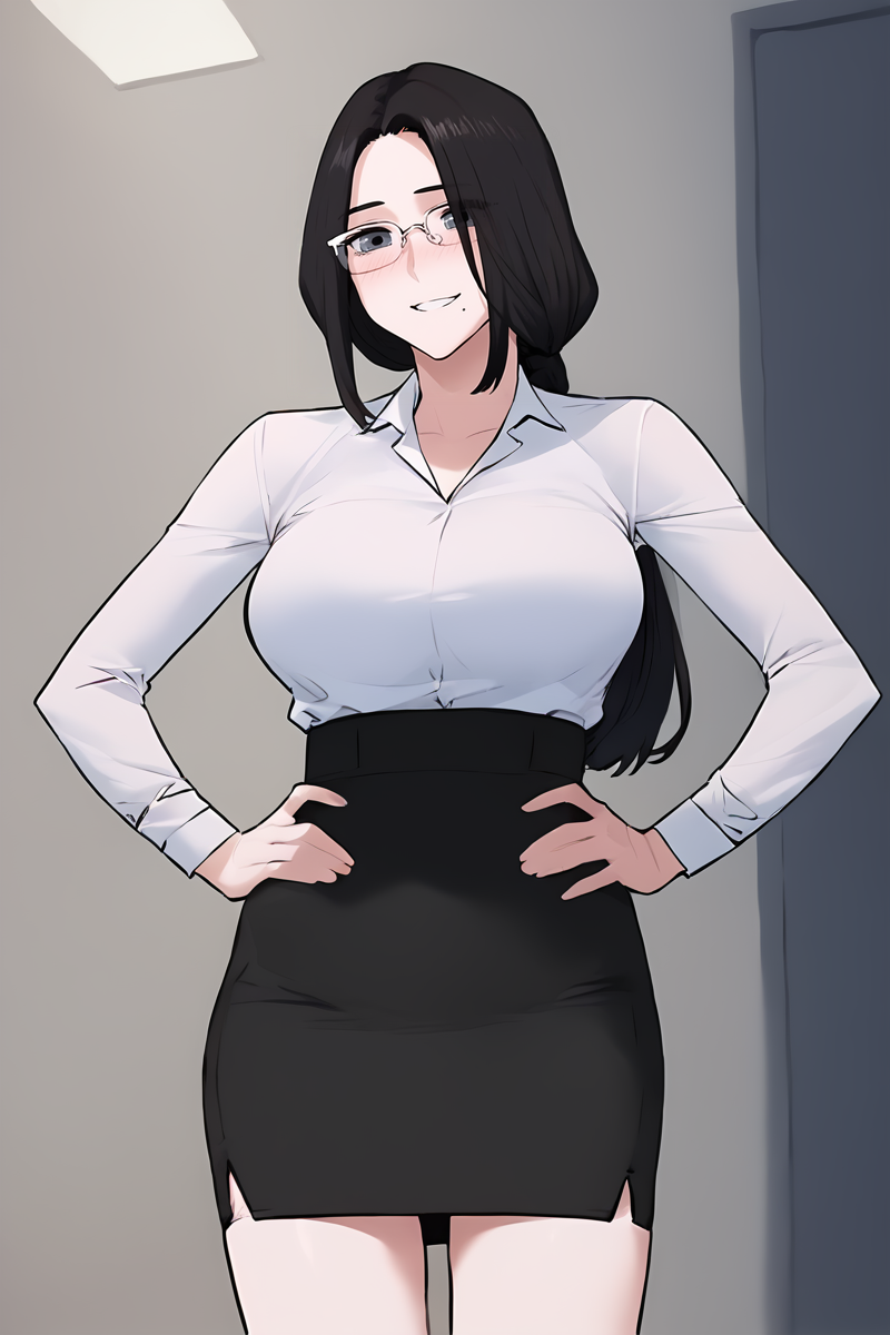 score_9, score_8_up, score_7_up, score_6_up, score_5_up, score_4_up, source_anime, flat color, 2d, BREAK. 
standing, contrapposto, hands on own hips, 
blush, looking at viewer, light smile, BREAK. 
white shirt, dress shirt, collared shirt, shirt tucked in, long sleeves, office lady, black skirt, pencil skirt, high-waist skirt, BREAK.
<lora:HanYuRi_v1:1>, 1girl, solo, grey eyes, black hair, long hair, low ponytail, sidelocks, mole under mouth, rectangular eyewear, semi-rimless eyewear, over-rim eyewear, larege breasts, BREAK.
<lora:Mobydick(Webtoon):0.5>, mobydickstyle,
