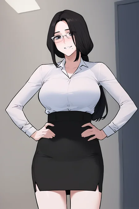 score_9, score_8_up, score_7_up, score_6_up, score_5_up, score_4_up, source_anime, flat color, 2d, BREAK.
standing, contrapposto, hands on own hips,
blush, looking at viewer, light smile, BREAK.
white shirt, dress shirt, collared shirt, shirt tucked in, long sleeves, office lady, black skirt, pencil skirt, high-waist skirt, BREAK.
<lora:HanYuRi_v1:1>, 1girl, solo, grey eyes, black hair, long hair, low ponytail, sidelocks, mole under mouth, rectangular eyewear, semi-rimless eyewear, over-rim eyewear, larege breasts, BREAK.
<lora:Mobydick(Webtoon):0.5>, mobydickstyle,