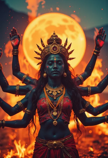 Vibrant Colorful, Realistic, analog photo, very detailed, photorealistic, 4k, photo of of the multi-armed goddess Kali, Realistic analog photo, atmospheric lighting, volumetric lighting, cinematic, Epic Film Quality, dystopian atmosphere, n30nfilm