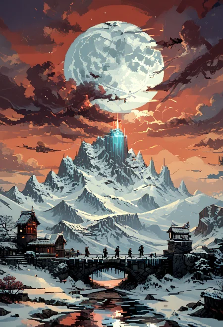 score_9, score_8_up, score_7_up, yamer_pixel_fusion, pixel art,
A goddess looks towards The summit of a snowy mountain, reached only by the most devoted. A stone platform overlooks the world below, where rituals are held to call upon the power of the wind and sky, surrounded by towering ice spires.,
in the style of a vintage, high-contrast setting, dark and mysterious atmosphere. Resplendent spotlighting, Emphasize theatrical elements with bursts of bright colors against dark, moody backgrounds
, retro futuristic, atompunk, hyper-detailed, scifi, lofi, d3p1x3l, pixel art, a broken moon hangs in the sky