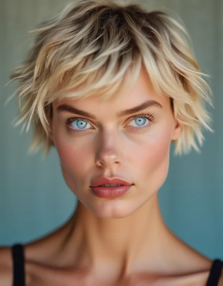 A close-up of a model with a short, choppy blonde haircut, her blue eyes shining with determination, and her lips set in a confident, no-nonsense expression. <lora:usual-portrait-v2:1>