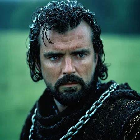 cinematic film still of <lora:detailed:0.2>
<lora:perfection style:0.2>
<lora:Ron Fricke style:0.1>
<lora:Braveheart film style:1>
In 1280 Angus Macfadyen Robert the Bruce a wet hair man with a beard and a chain around his neck,solo,simple background,black hair,1boy,male focus,scarf,facial hair,scar,messy hair,portrait,beard,realistic,mustache,black scarf , 13th century, cinematic, kodak, Braveheart film style, shallow depth of field, vignette, highly detailed, high budget, bokeh, cinemascope, moody, epic, gorgeous, film grain, grainy
