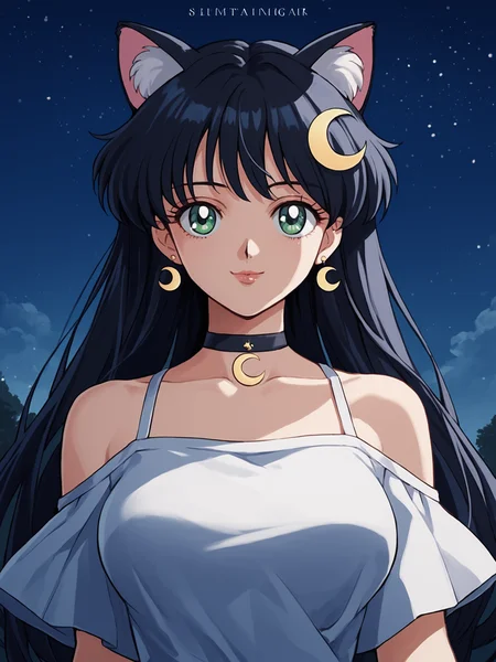 1990s (style), anime coloring, sm90s, 1girl, animal ears, black hair, crescent, long hair, green eyes, solo, choker, breasts, crescent hair ornament, looking at viewer, hair ornament, upper body, night, black choker, sky, jewelry, lips, earrings, artist name, animal ear fluff, bare shoulders, bangs, night sky, medium breasts, collarbone, smile, outdoors, large breasts, osenayan, BREAK PonyXLV6_Scores , <lora:SM90sPDXL_r1:0.8>