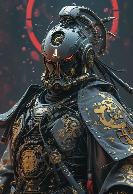 Create a extrahart, mystical, and high-resolution image of an busty female anthropomorphic a humanoid robot with intricate mechanical components named c3po. The character should be depicted in a manga cover style with wealthy portraiture and poster art elements. The image should feature rich colors and high contrast, focusing on the best quality, official art, and a beautiful and aesthetic appearance. Include fractal art elements and a colorful background with a splash of color. Use a movie perspective and an advertising style, similar to a magazine cover. C3po samurai should be shown solo, wearing Japanese clothes and armor, holding a sheathed katana, and standing in a cowboy shot pose. The robot should have neon green and yellow hip-hop clothes, tattoos, muscular abs, shoulder armor, and a metallic blue flowers in the background. Emphasize a samurai theme with a red background and starwars elements.