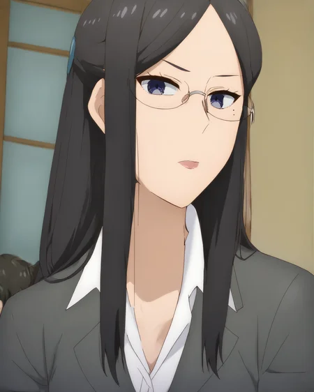score_9, score_8_up, score_7_up, source_anime, indoors, BREAK
in a Japanese office, facing the viewer, neutral expression,
<lora:Misaki_Gundou:1>Misaki Gundou, mole under eye, black hair, long hair, blue eyes, girl grabbing her ass, glasses, jacket, formal,