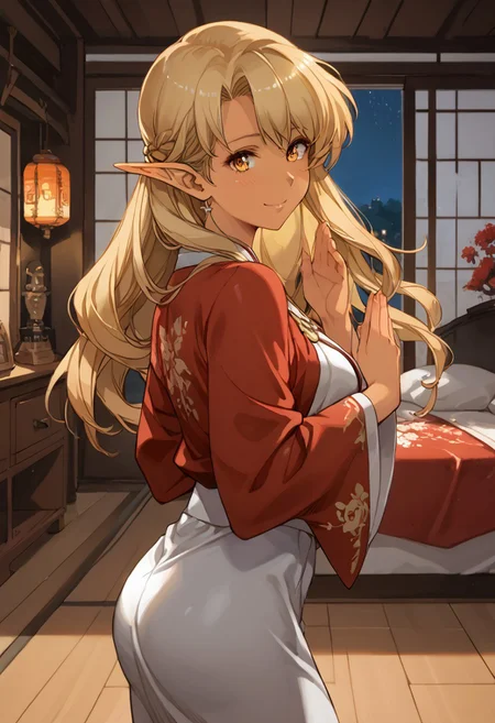score_9, score_8_up, score_7_up, score_6_up, score_5_up, score_4_up, detailed, intricate details, source_anime, , (best quality) , (highly detailed) ,((masterpiece)), ((best quality)), (ultra-detailed), ((extremely detailed)), (high resolution), 4K, (8K), best quality, (beautiful), (dynamic lighting), (super detailed skin), sharp focus, (1_girl, solo focus), score_9,score_8_up,score_7_up,anime coloring, 1girl,solo, <lora:sonia_p_v1.5>,pointy ears,dark-skinned female, Dark skin, Dark elf,long hair,blonde hair, medium breasts,  medium hair, shiny skin, white kimono, floral print, red kimono, back bow, from side, praying, standing, smile, blush, head tilt, looking at viewer, night, nighttime, east asian architecture, dark room, bedroom, traditional bedroom, window, wooden floor, dimly lit, , detailed face and detailed skin <lora:add-detail-xl:1.0> ,(((feminine bodies))),(((perfect anatomy))),