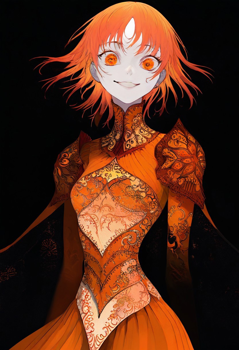solo, looking at viewer, orange eyes, black background, 1girl, long orange hair, extremely pale skin, orange dress, smiling, masterpiece, best quality, very aesthetic, absurdres,
 <lora:monfornoob:0.95>