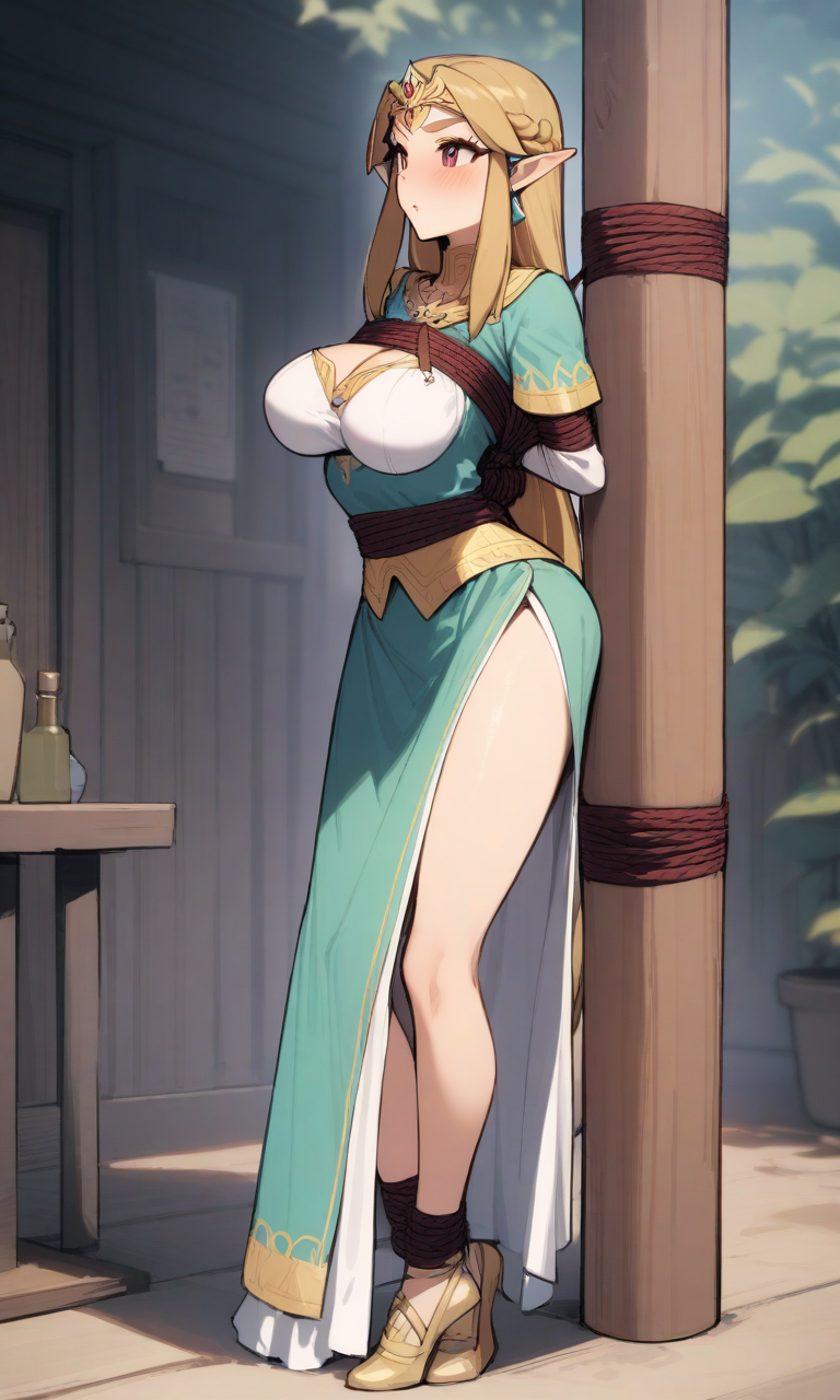 Masterpiece, high quality, absurdres, 1girl, Princess Zelda, (P0L3B0UND), bondage, bound, hanging breasts, bound wrists, restrained, (tied_to_stake), pole, upright restraints
