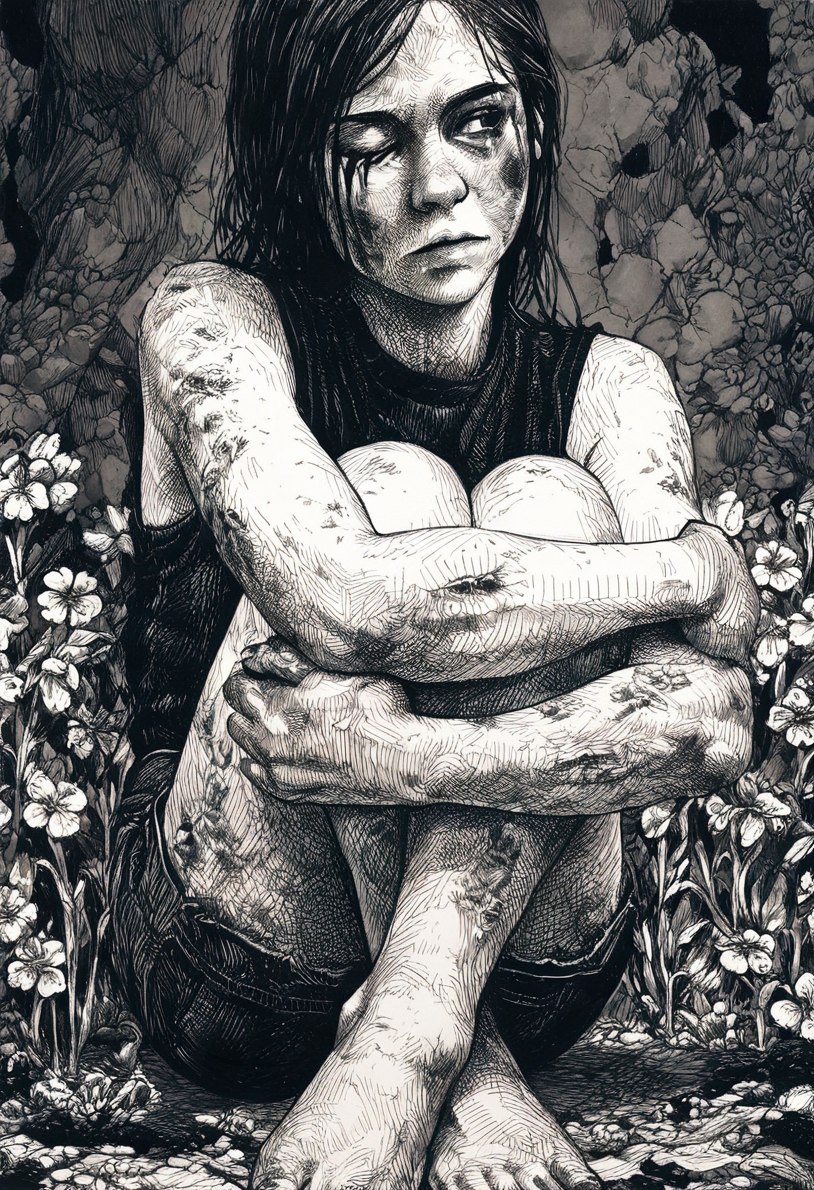 masterpiece, best quality, 1girl, very awa, very aesthetic, sitting, casual, hugging own legs, tears, expressionless, bruised eye, one eye closed, looking to the side, flowers, decay, monochrome, greyscale, hatching \(texture\),  fine detail <lora:CarolineHarrison_V1_NoobAI:1.0>