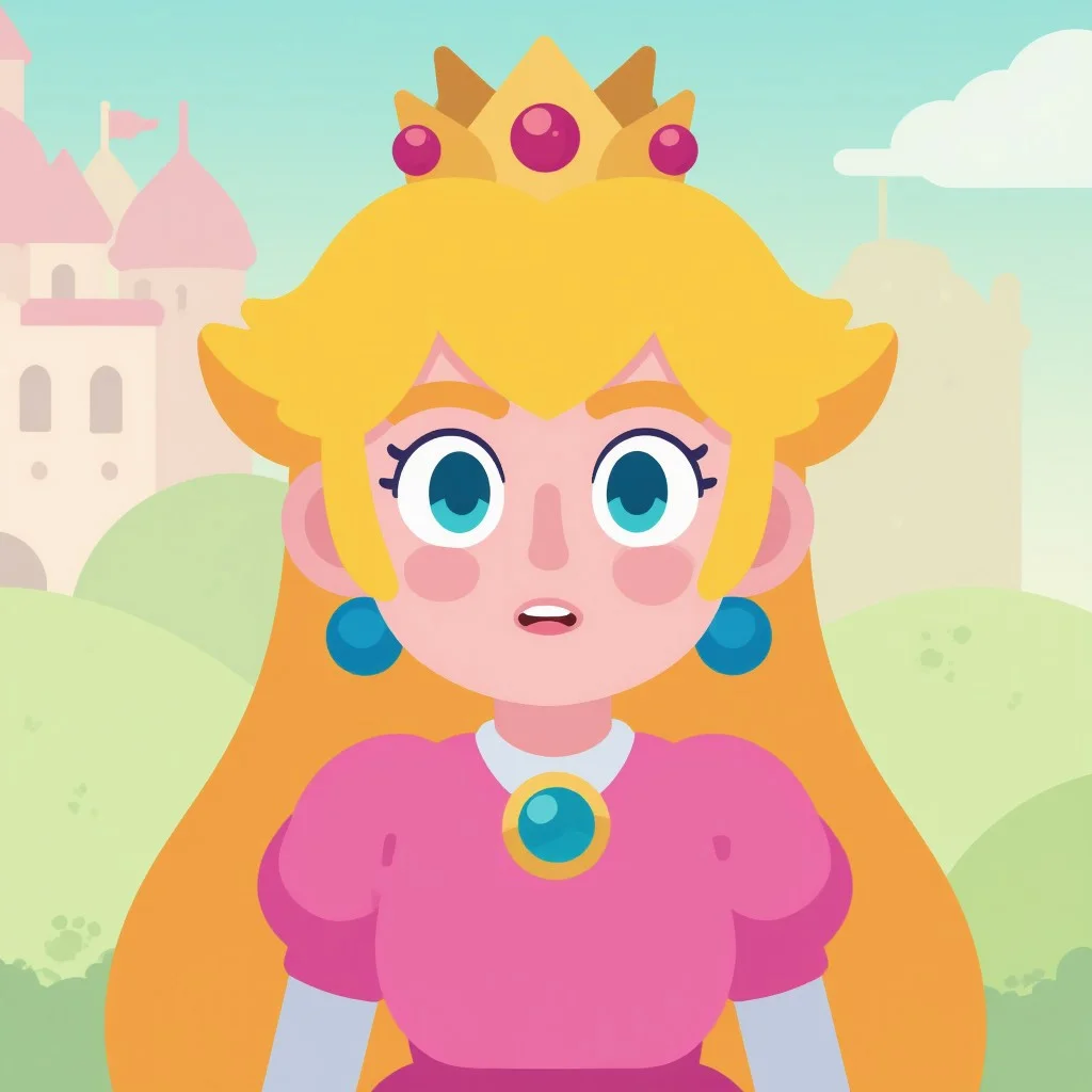 flat cartoon princess peach at castle from super mario, face closeup