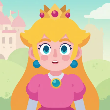 flat cartoon princess peach at castle from super mario, face closeup